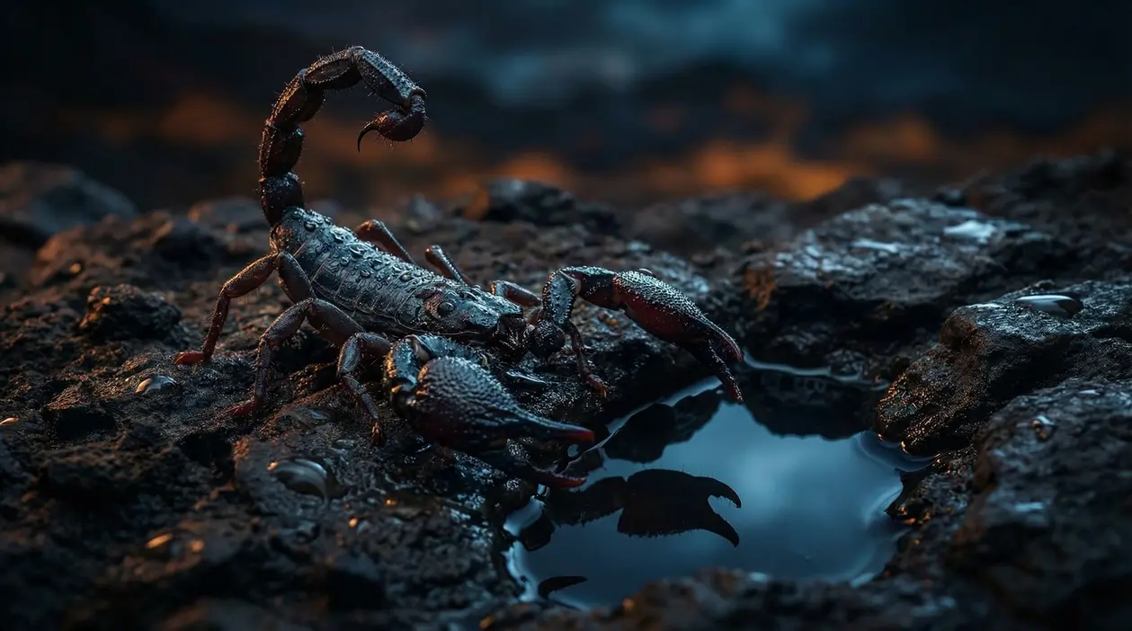 Uno scorpione su una superficie rocciosa vicino a una pozza d'acqua
