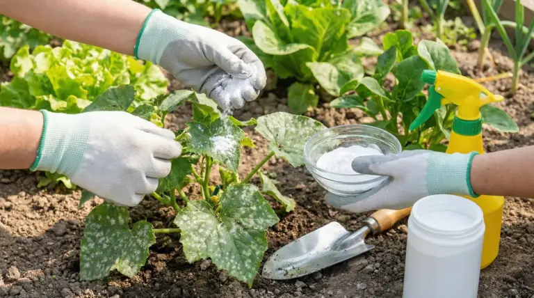 Persone applicano bicarbonato sulle foglie delle piante nell'orto per combattere parassiti