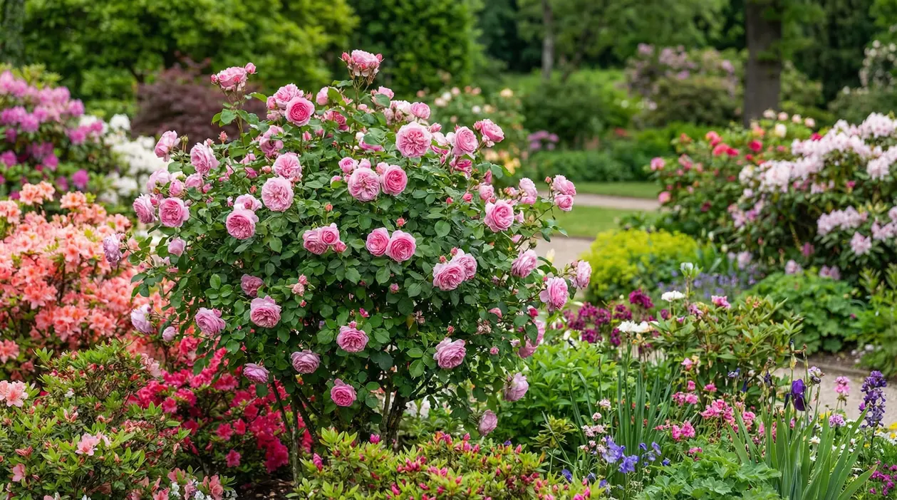 Cespi di rose rosa in fiore in un rigoglioso giardino primaverile