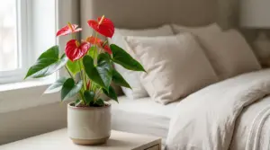 Pianta di anthurium in vaso posizionata su un comodino vicino a un letto in una camera da letto luminosa