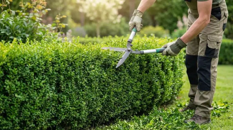 Persona che pota una siepe con cesoie da giardino in un giardino verde