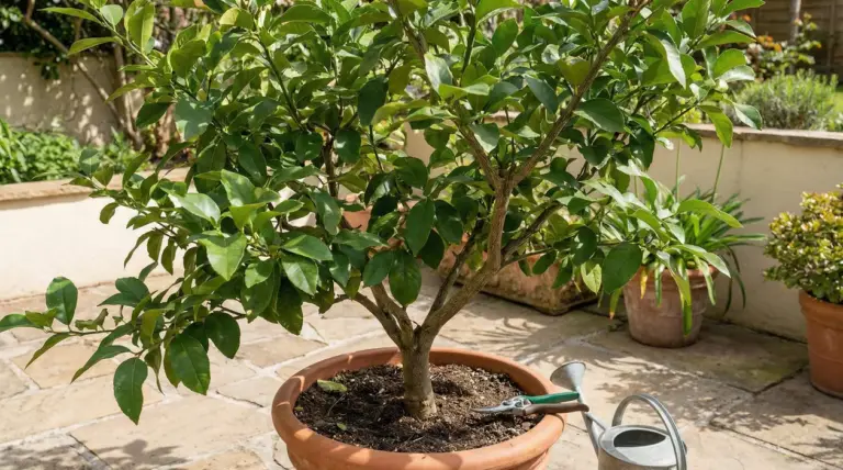 Albero di limone in vaso senza frutti in un giardino assolato