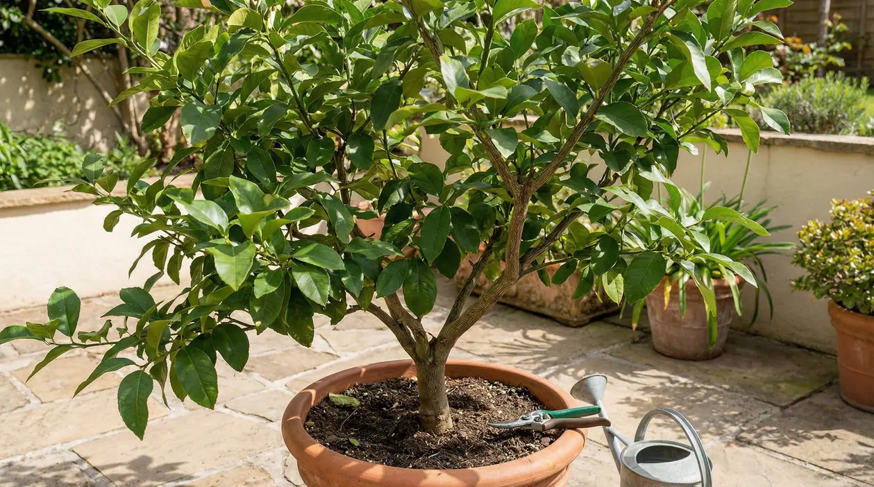 Albero di limone in vaso senza frutti in un giardino assolato