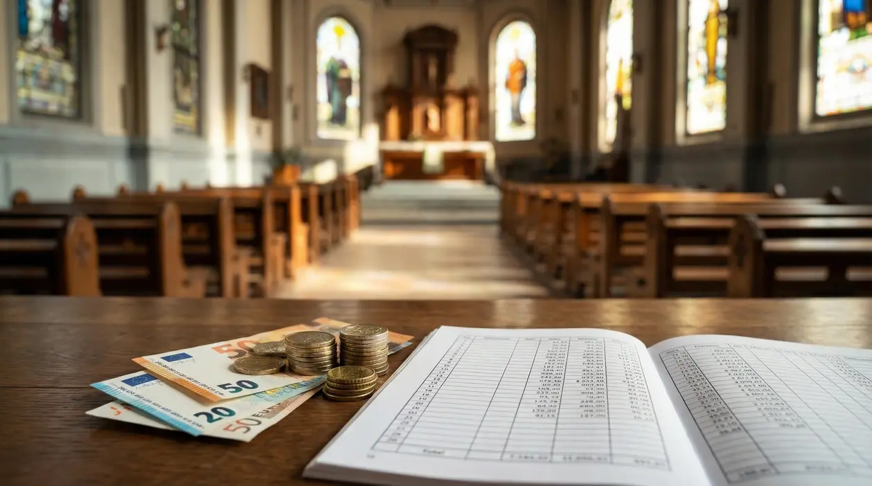 Banconote, monete e registro contabile su un banco all'interno di una chiesa vuota
