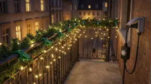 Luci di Natale appese a una ringhiera di balcone con presa elettrica esterna
