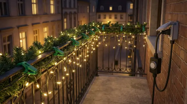 Luci di Natale appese a una ringhiera di balcone con presa elettrica esterna