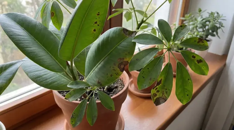 Foglie di una pianta da interno con macchie scure in un vaso vicino a una finestra