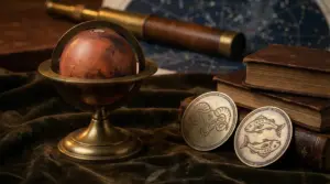 Globo di Marte accanto a simboli zodiacali di Ariete e Pesci su fondo astrologico