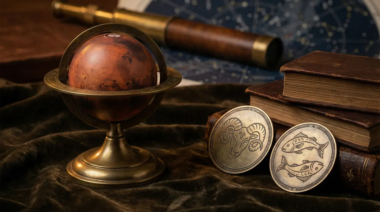 Globo di Marte accanto a simboli zodiacali di Ariete e Pesci su fondo astrologico