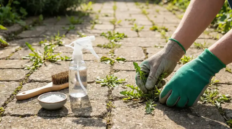Mani con guanti che rimuovono erbacce tra i sassi del vialetto con attrezzi e spray naturale