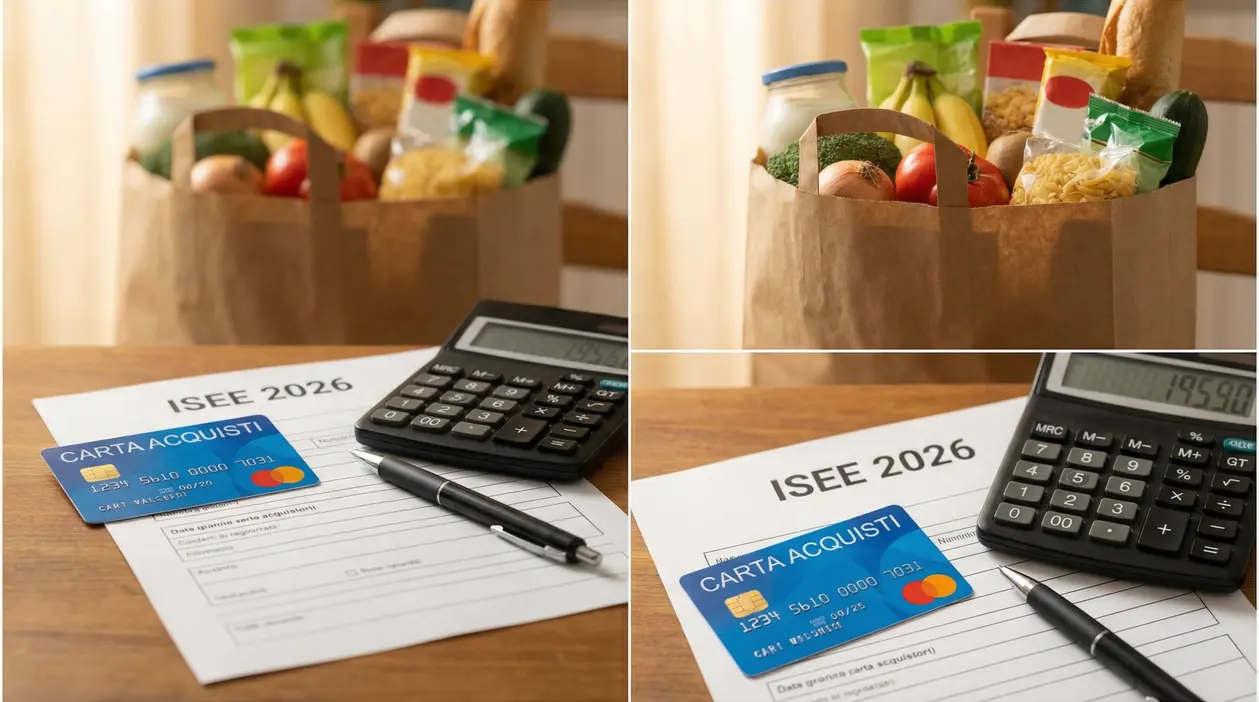 Calcolatrice, carta acquisti e foglio ISEE 2026 su un tavolo accanto a una busta con generi alimentari