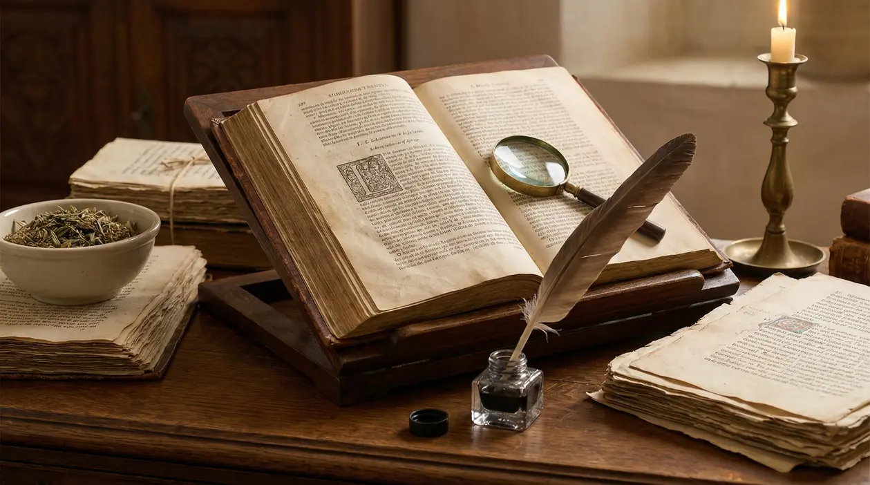 Libro antico aperto su un leggio con lente d'ingrandimento e piuma da scrittura su tavolo in legno