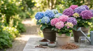 Vasi di ortensie colorate su un tavolo da giardino con fondi di caffè, aghi di pino e una annaffiatoio