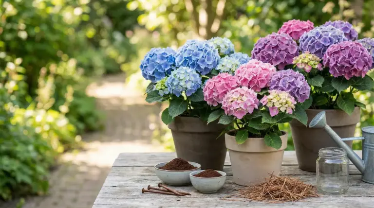 Vasi di ortensie colorate su un tavolo da giardino con fondi di caffè, aghi di pino e una annaffiatoio