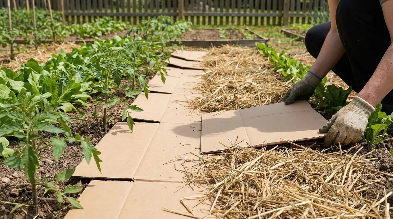 Una persona stende cartone sull'orto tra filari di piante per la pacciamatura