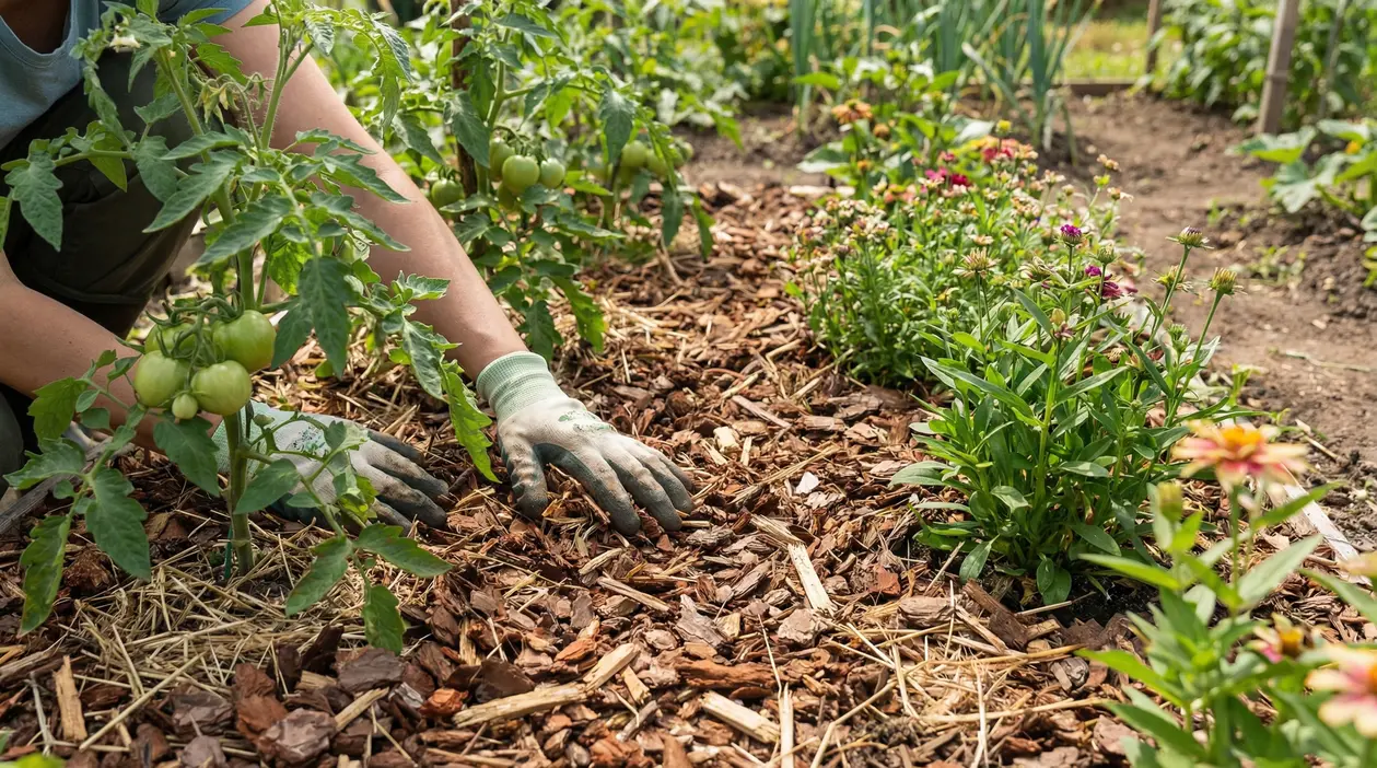 Mani con guanti che sistemano la pacciamatura in un orto tra piante di pomodoro e fiori