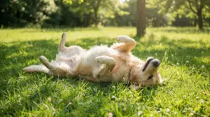 Cane sdraiato sull'erba che si rotola felice in un prato soleggiato