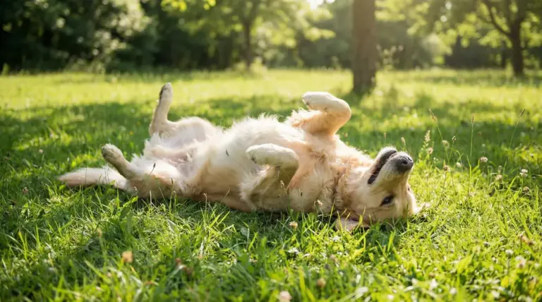 Cane sdraiato sull'erba che si rotola felice in un prato soleggiato