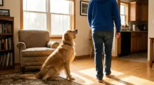 Cane seduto in casa che guarda una persona mentre cammina via