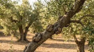 Tronco di un ulivo con nodi vistosi in un uliveto soleggiato