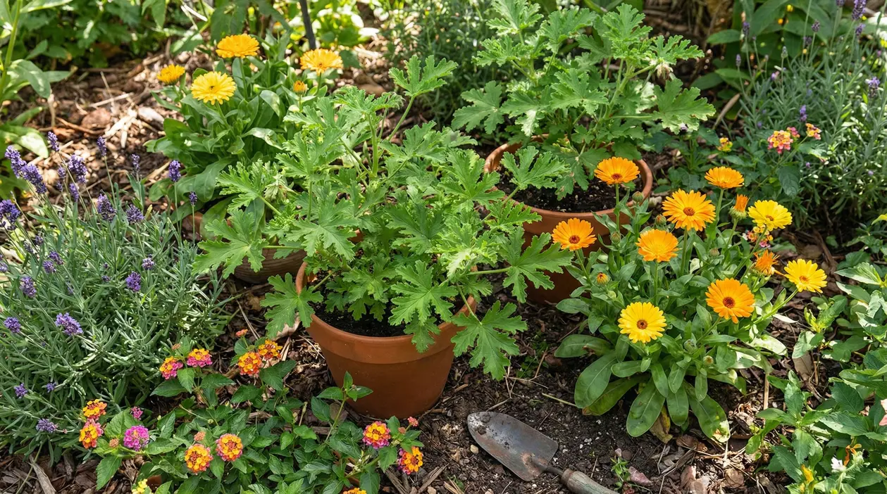 Piante aromatiche e fiori in un giardino, con geranio in vaso in primo piano