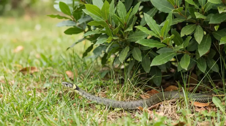 Serpente sull'erba vicino a una pianta di alloro in un giardino