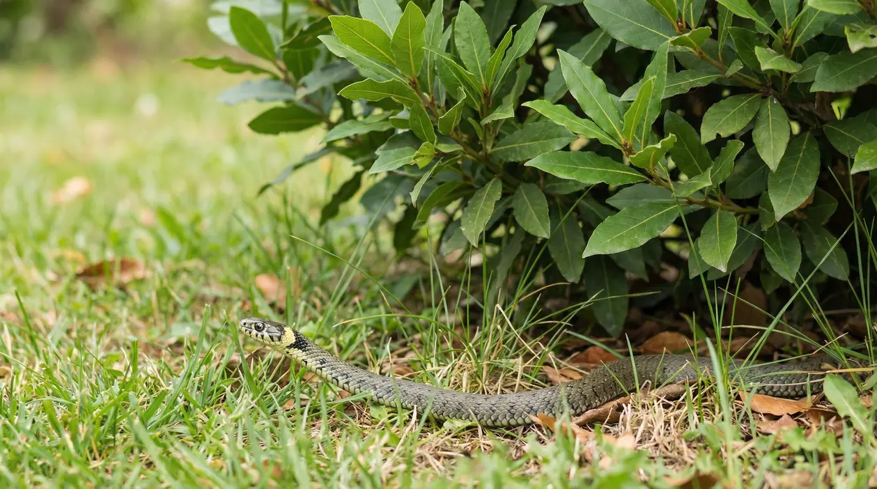 Serpente sull'erba vicino a una pianta di alloro in un giardino
