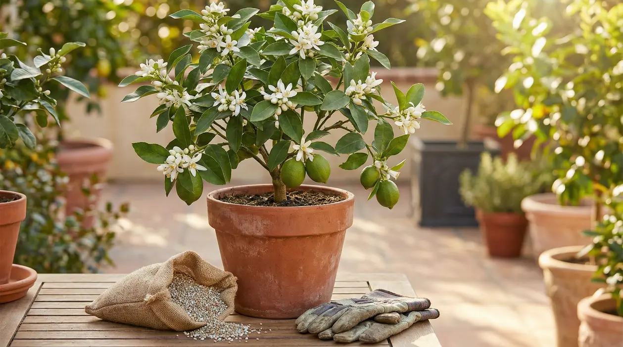 Pianta di limone in vaso con fiori e frutti su un tavolo da giardino