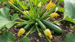 Pianta di zucchine con fiori gialli e frutti maturi coltivati nell'orto