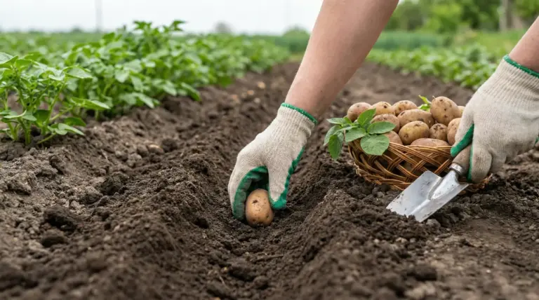 Mani con guanti che piantano patate in un campo coltivato