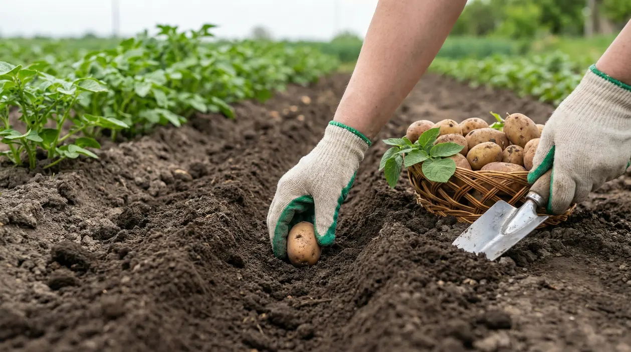 Mani con guanti che piantano patate in un campo coltivato