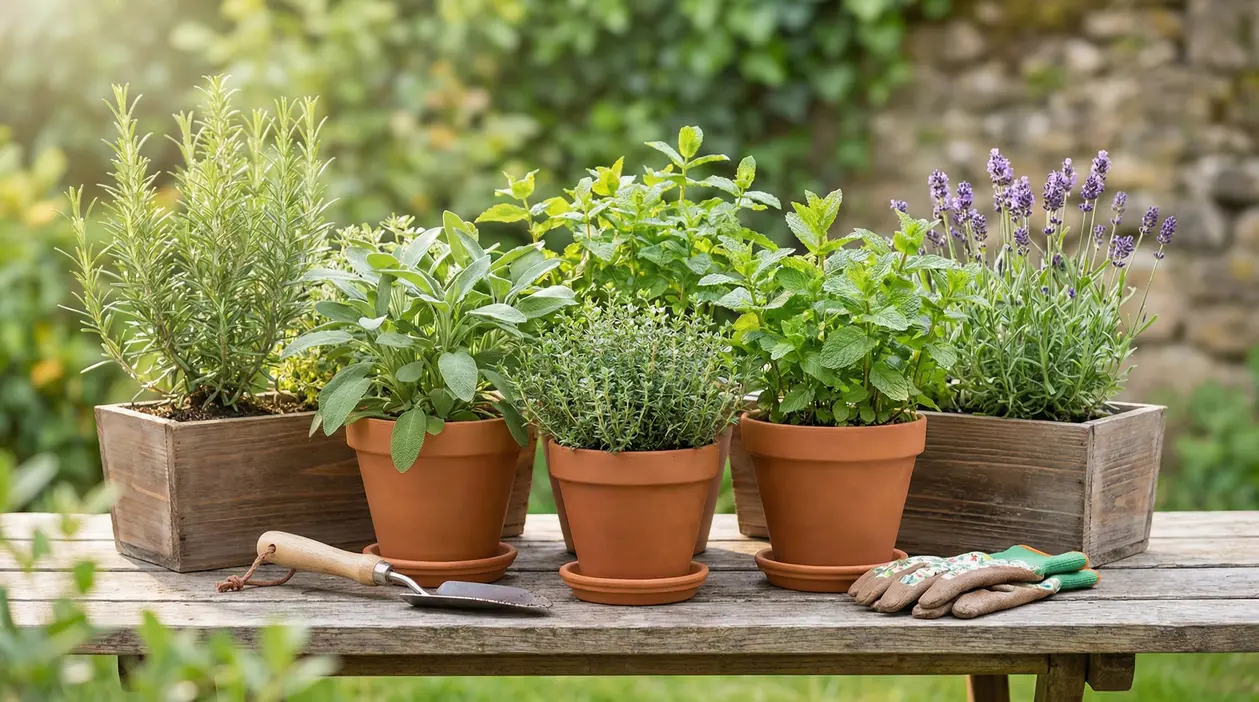Vasi di terracotta con erbe aromatiche su un tavolo in giardino