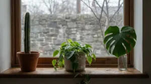 Tre piante da interno su un davanzale davanti a una finestra