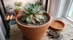 Pianta grassa in vaso con foglie marce alla base, posizionata su un tavolo vicino a una finestra