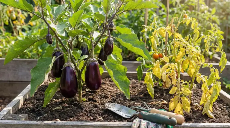 Piante di melanzane e pomodori coltivate in un orto rialzato