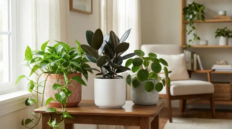 Tre piante da interno in vasi decorativi su un tavolino in un soggiorno luminoso