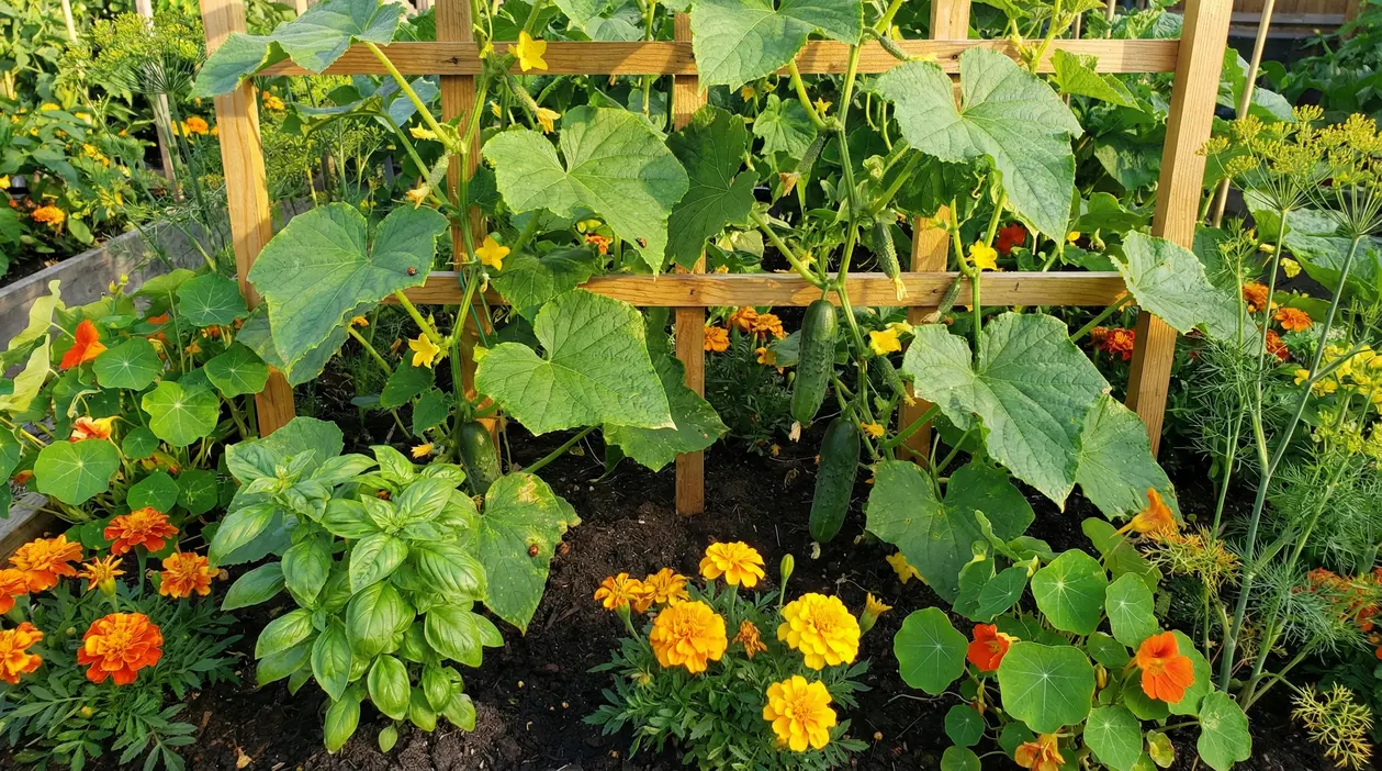 Orto con cetrioli su graticcio, fiori di calendula, basilico e altre piante consociate