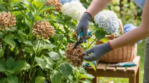Persona che pota un fiore secco di ortensia in un giardino con cespugli in fiore