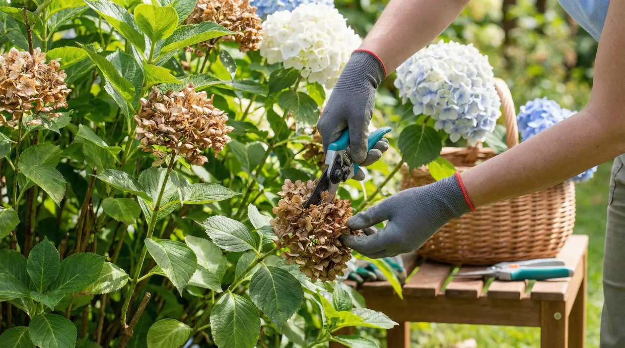 Persona che pota un fiore secco di ortensia in un giardino con cespugli in fiore