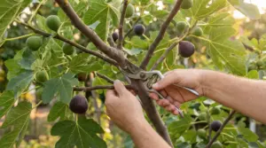 Mani che potano un ramo di fico con cesoie in un frutteto