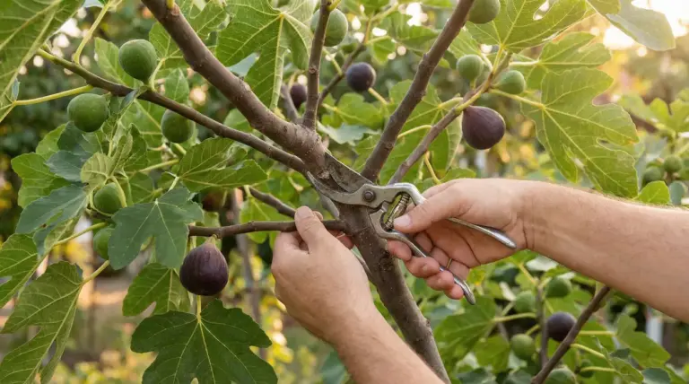 Mani che potano un ramo di fico con cesoie in un frutteto