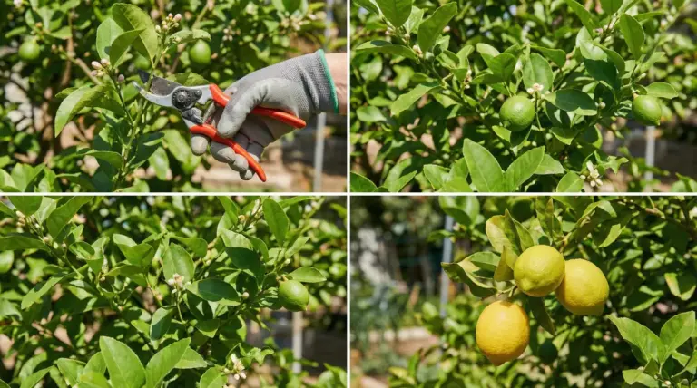 Mano con cesoie pota un albero di limone con frutti verdi e maturi sulla pianta
