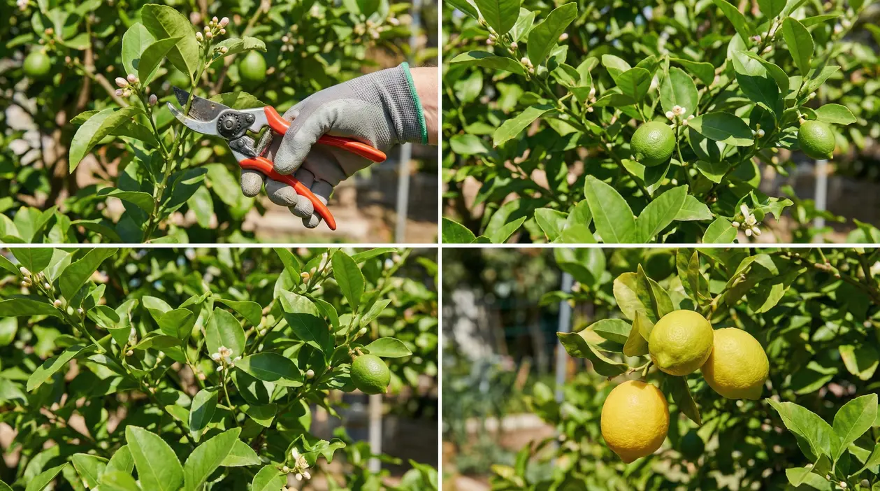 Mano con cesoie pota un albero di limone con frutti verdi e maturi sulla pianta