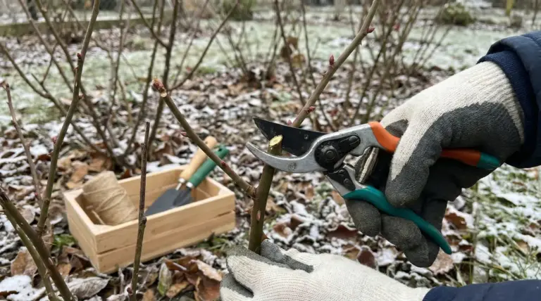 Potatura di un cespuglio di rose con cesoie da giardinaggio in un giardino invernale