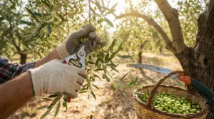 Persona con guanti pota ramo di ulivo carico di olive verdi in un campo soleggiato