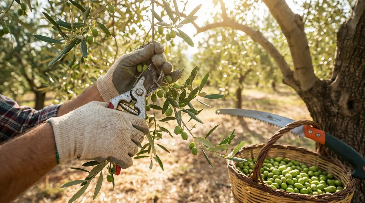 Persona con guanti pota ramo di ulivo carico di olive verdi in un campo soleggiato