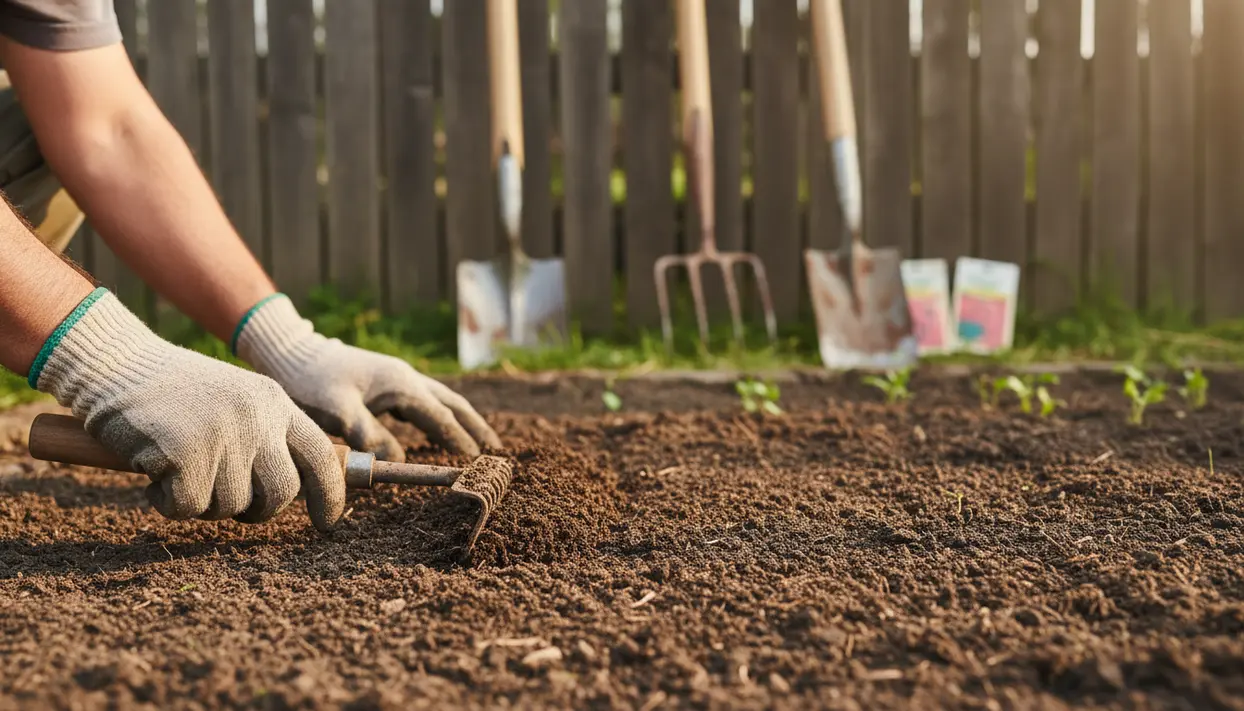 Persona con guanti da giardinaggio che prepara il terreno con un rastrello a mano.