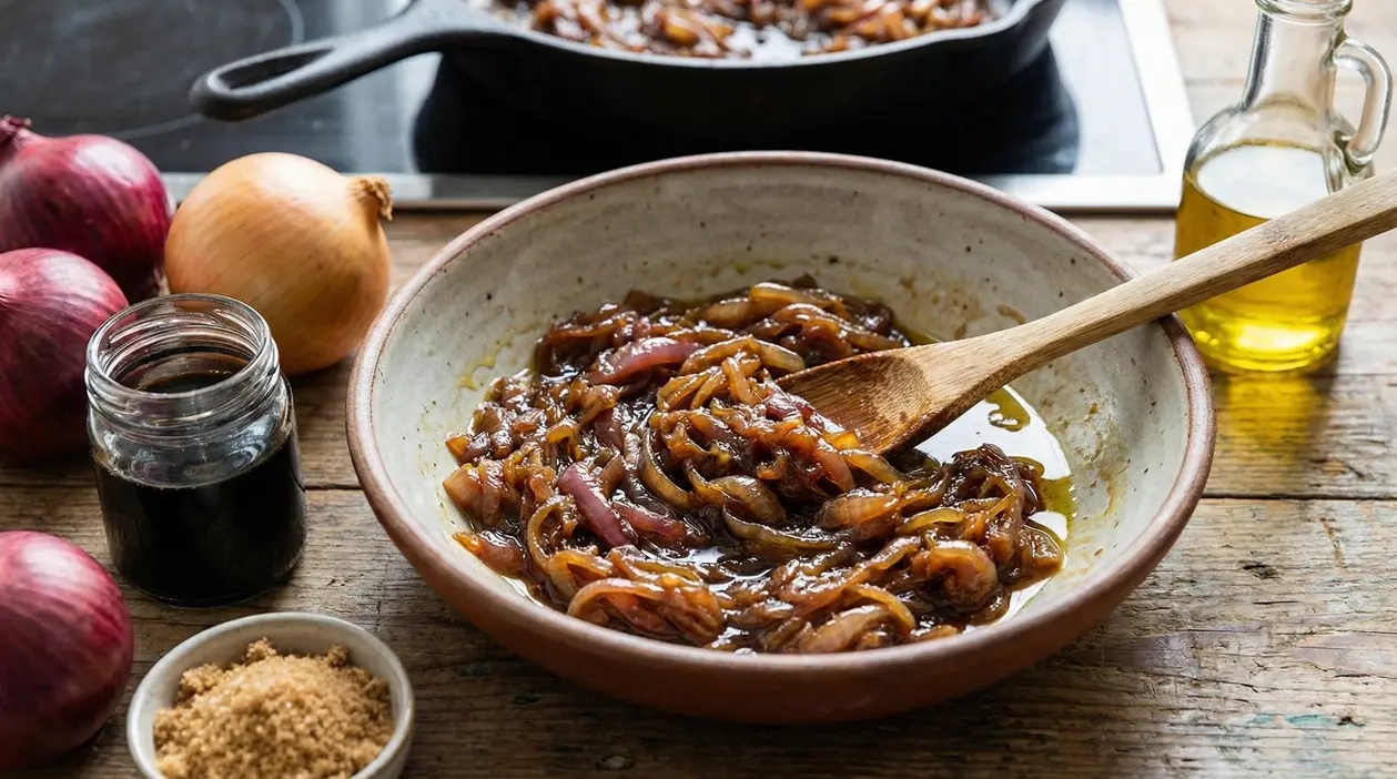 Cipolle caramellate in una ciotola con cucchiaio di legno su tavolo rustico