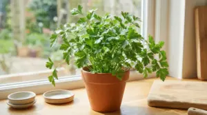 Vaso di prezzemolo fresco su un davanzale in cucina