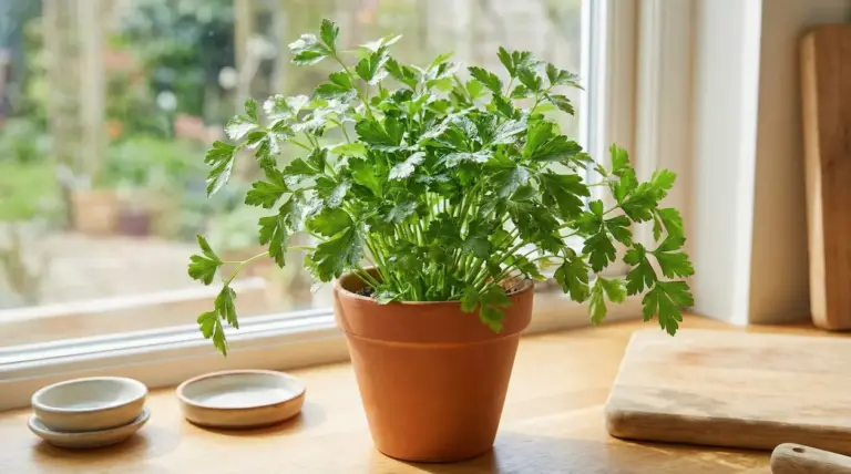 Vaso di prezzemolo fresco su un davanzale in cucina